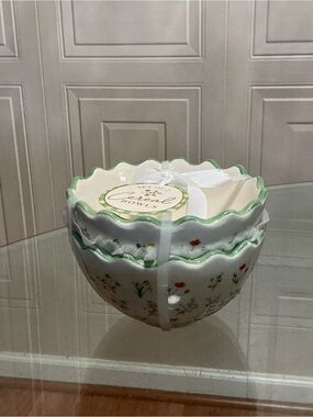 Sunday morning Set of 2 Cereal Bowls Green Rim Floral Scalloped